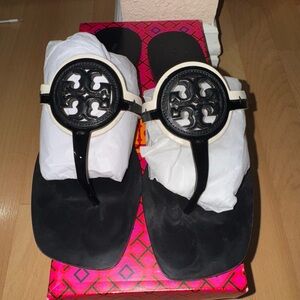 Tory Burch Black and Cream Thong Sandals